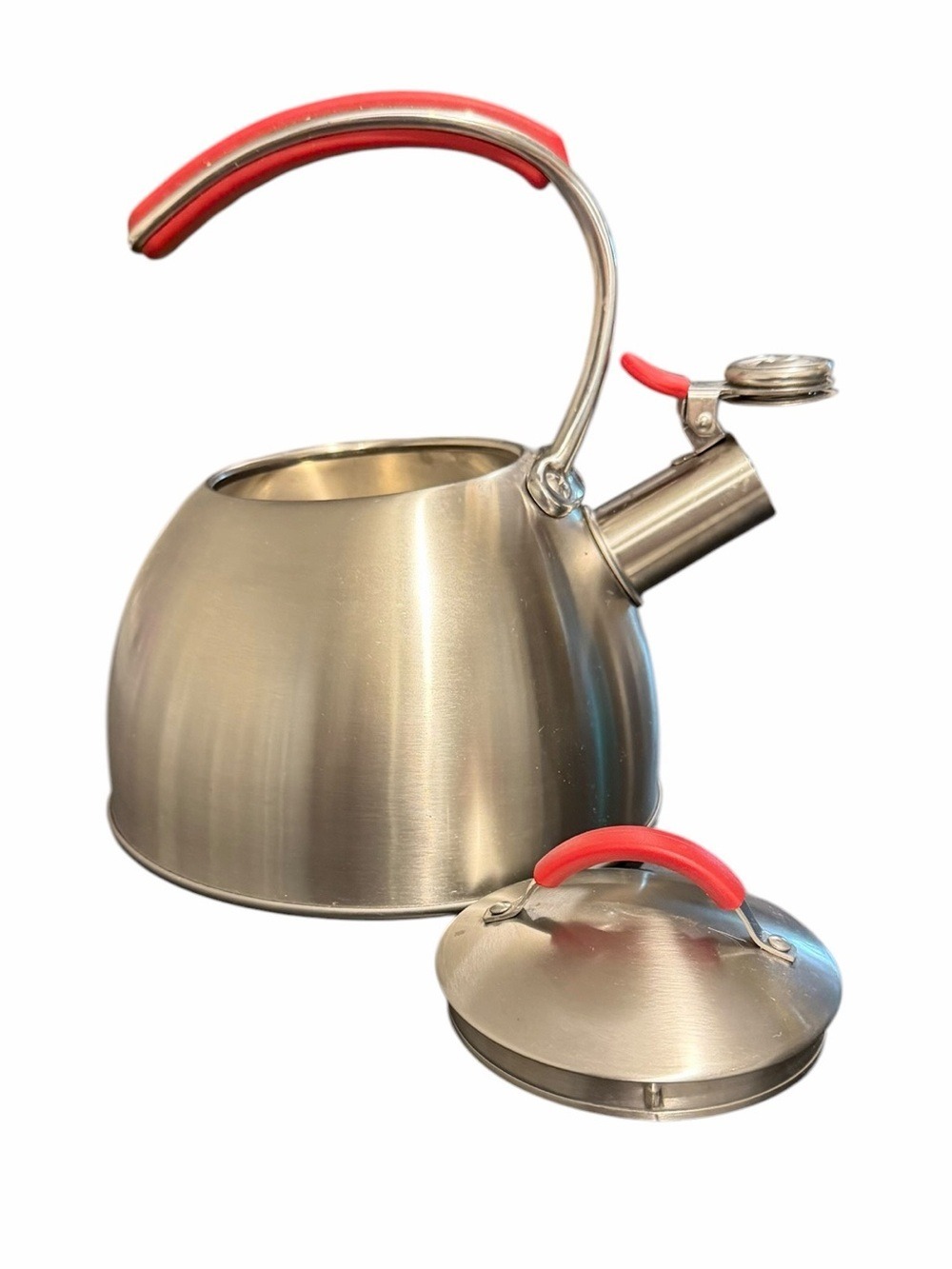 Masterclass Brushed Stainless Steel Whistling Tea Kettle Red Ergo Handles